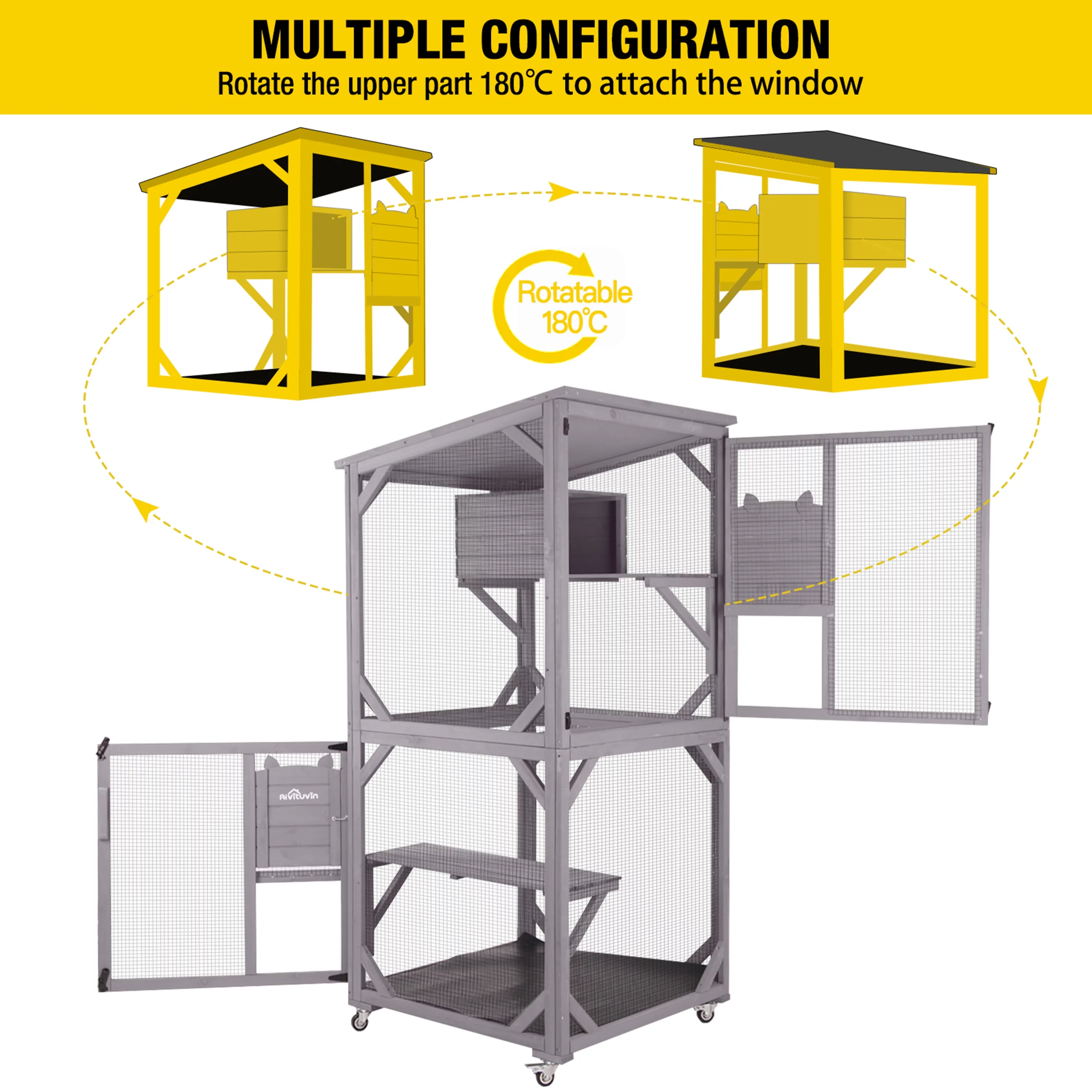 Morgete Catio Outdoor Cat House Wooden Cat Enclosure Resting Box with 3 Platforms, 71 inch Kitten Condo
