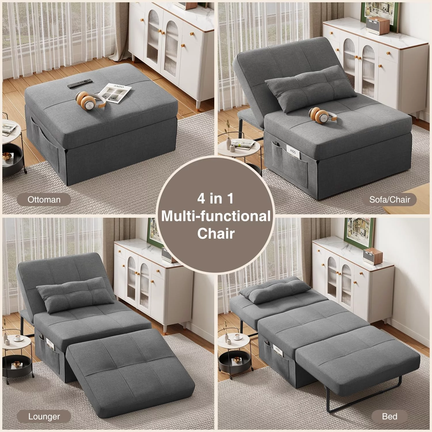 4 in 1 Sofa Bed, Sleeper Chair Bed Convertible Chair, Assembly-Free Sofa Chair Bed with Adjustable Backrest Breathable Linen