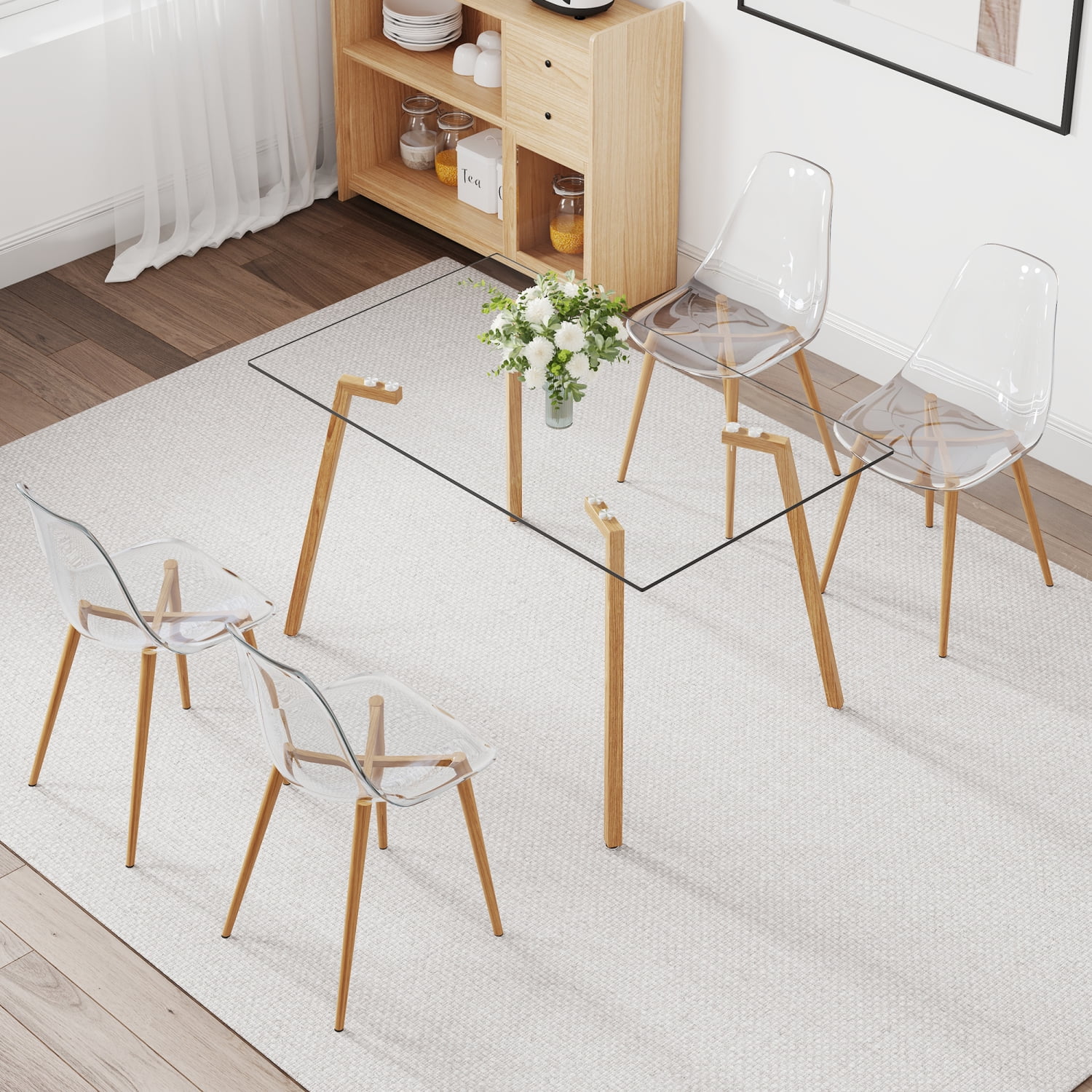 Holaki 1 Table and 4 Chairs Set. Glass Dining Table, 0.31 "Tempered Glass Tabletop and Wood Grain Metal Table Legs . Table Size: 47" W x 31"D x 30" H