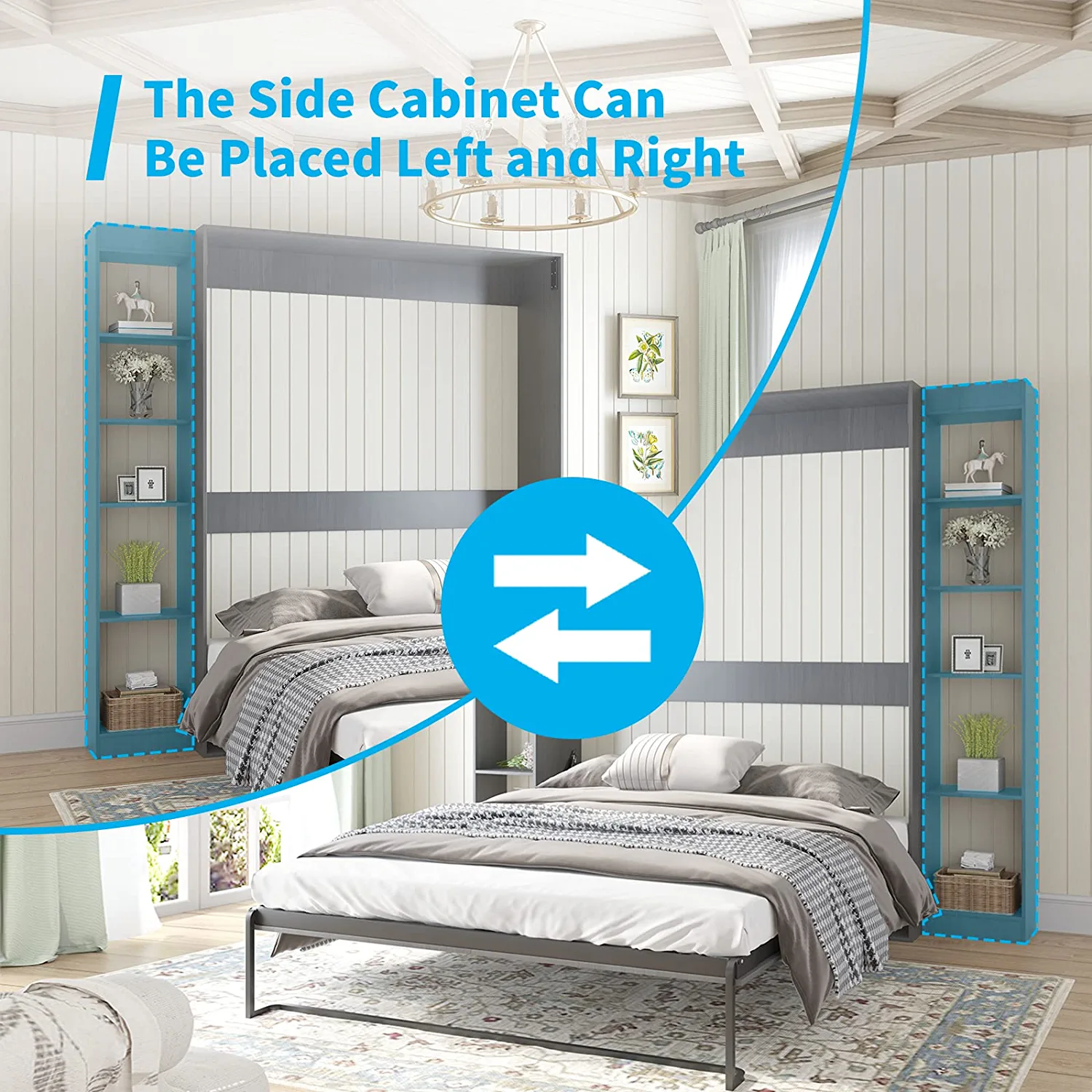 Mjkone Murphy Bed with 1 Side Cabinet, Folding Wall Bed for Bedroom, Fold Up Murphy Bed Cabinet, Murphy Chest Bed Can Be Folded into a Cabinet