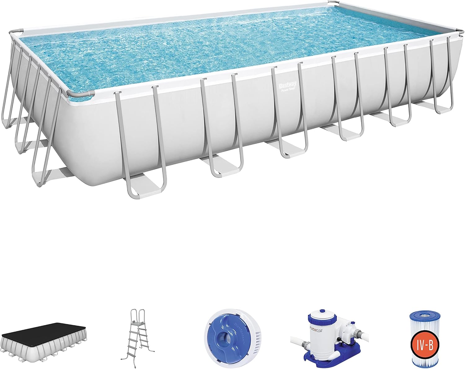 Bestway 56711E Power Steel 18' x 9' x 48 Outdoor Oval Frame Above Ground Swimming Pool Set with 1500 GPH Cartridge Filter Pump, Cover, & Ladder, Gray