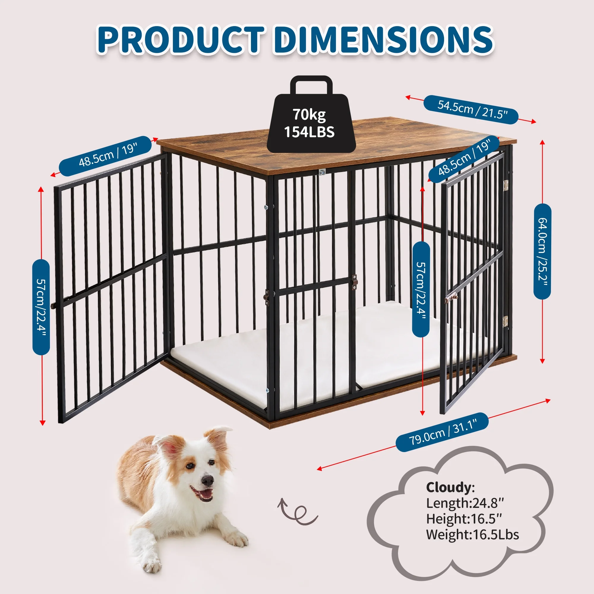 Made4Pets Medium Wooden Dog Crate Furniture with Washable Cushion for Dogs