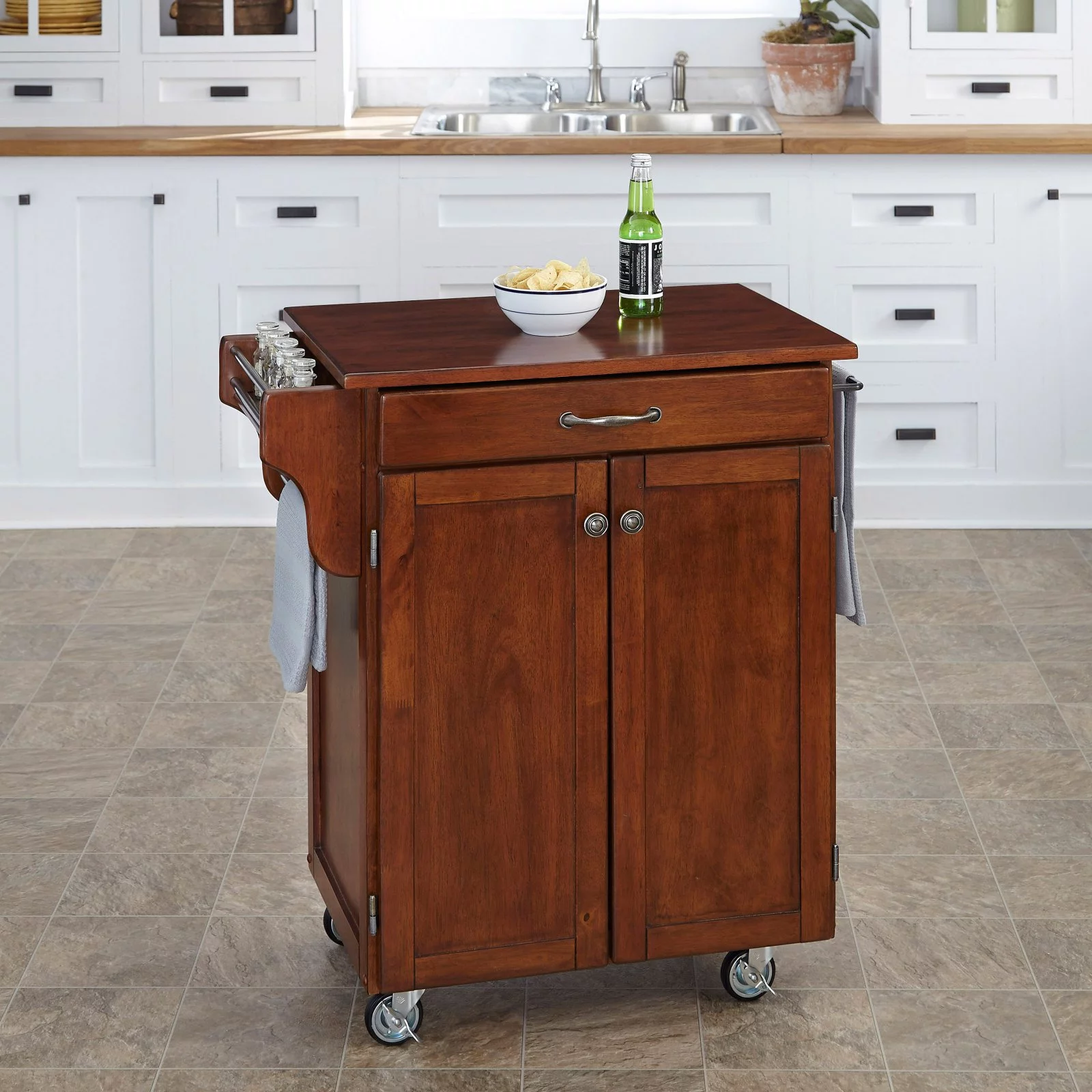 Homestyles Cuisine Cart Off White Wood Kitchen Cart-Finish:White,Option:Stainless Steel
