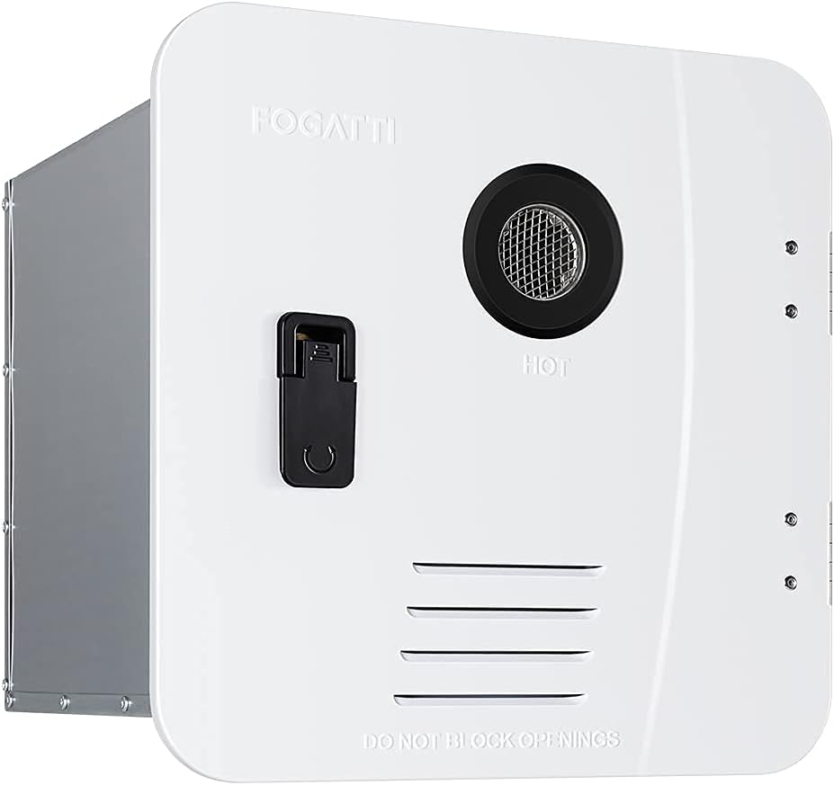 Fogatti Tankless RV Water Heater 3.5GPM 55000BTU with 15 x 15 White Door Propane Gas Hot Water Heater for Campers and Travel Trailers for RVs