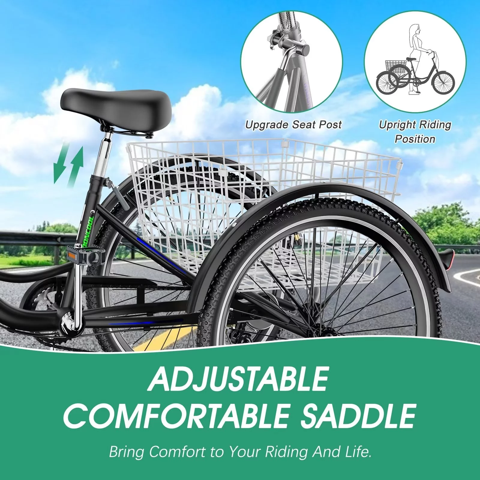 MOPHOTO 7 Speed Adult Tricycle 26 in/24in/20in, Trikes for Adults, Adult Tricycle with Basket & Dual Braking System, Adult Trikes for Women, Men