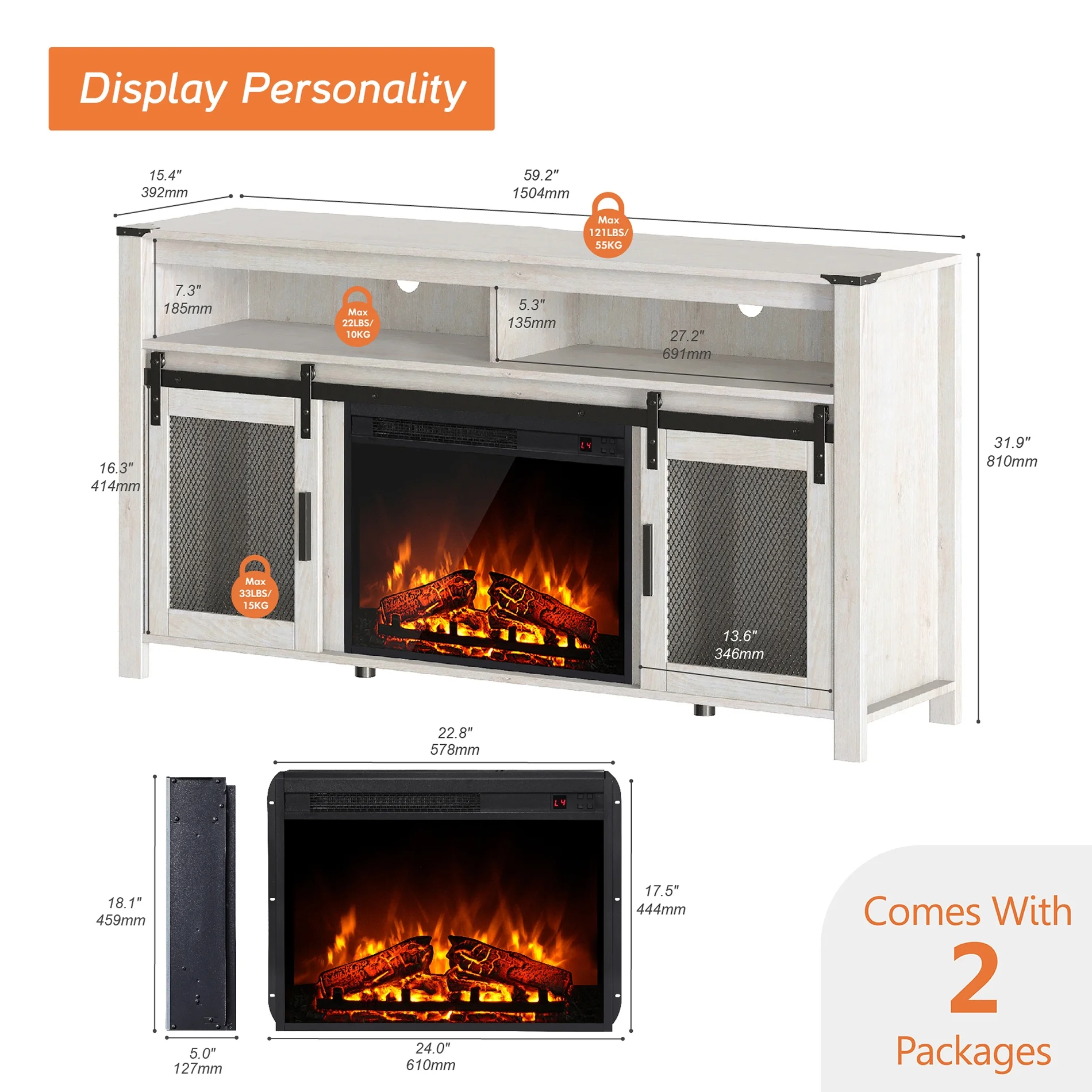 WAMPAT Farmhouse Fireplace TV Stand for 65+ Inch TV, Highboy Entertainment Center with 23" Electric Fireplace & Mesh Barn Doors