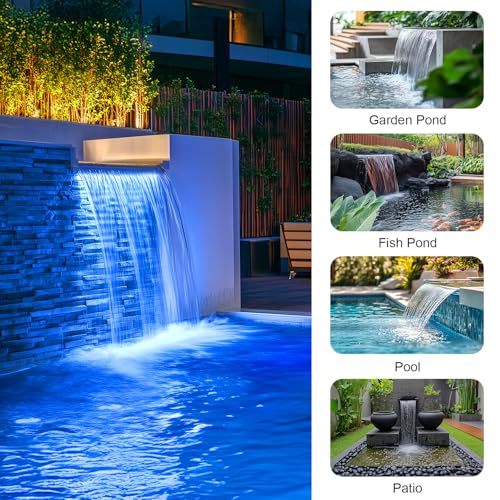 POPOSOAP 24 Inch Pond Waterfall Spillway with 1200GPH Pump, 304 Stainless Steel Waterfall Kit with 9.8FT Corrugated Tube