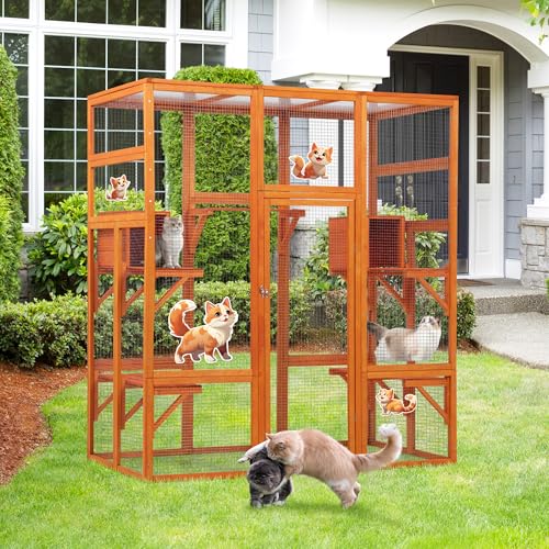 COZIWOW 70Inches Large Stable Spacious Wooden Catio Outdoor Cat Enclosure with Perches and Condos, Cat Cage Indoor with Waterproof Roof
