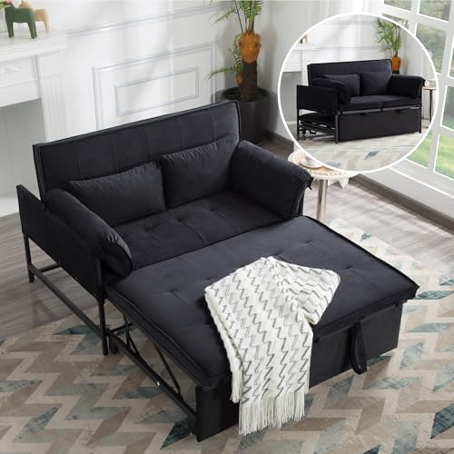 3 in 1 Sleeper Sofa Bed, Futon Sofa Bed for Living Room with Side Pocket, Black Sleepers Sofa Couch with Pullout Bed