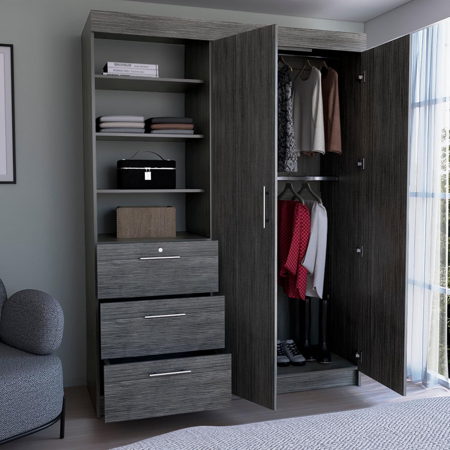 Armoire Wardrobe 2 Doors 3 Drawers, Clothes Cabinet with Shelves and Hanging Rod, Freestanding Wooden Closets Organization for Bedroom, 59″x20.5″x79″