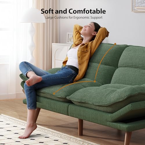 Pipishell Convertible Futon Sofa Bed,66" Corduroy Futon Couch with Adjustable Backrest and Armrests, Recliner Sleeper Sofa for Small Spaces