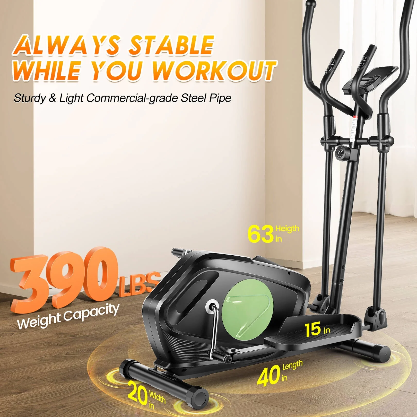 Elliptical Machine 8 Levels Elliptical Trainers with Heart Rate Sensor LCD Monitor Smooth Quiet Driven for Home Gym Office 390lbs Capacity 15inch