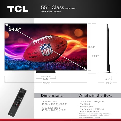 TCL 55-Inch Class QM7K Series QD-Mini LED 4K UHD Google Smart TV Best Premium Mini-LED TV - QLED, 144hz, 240hz Gaming Rate, Anti-Reflective Screen