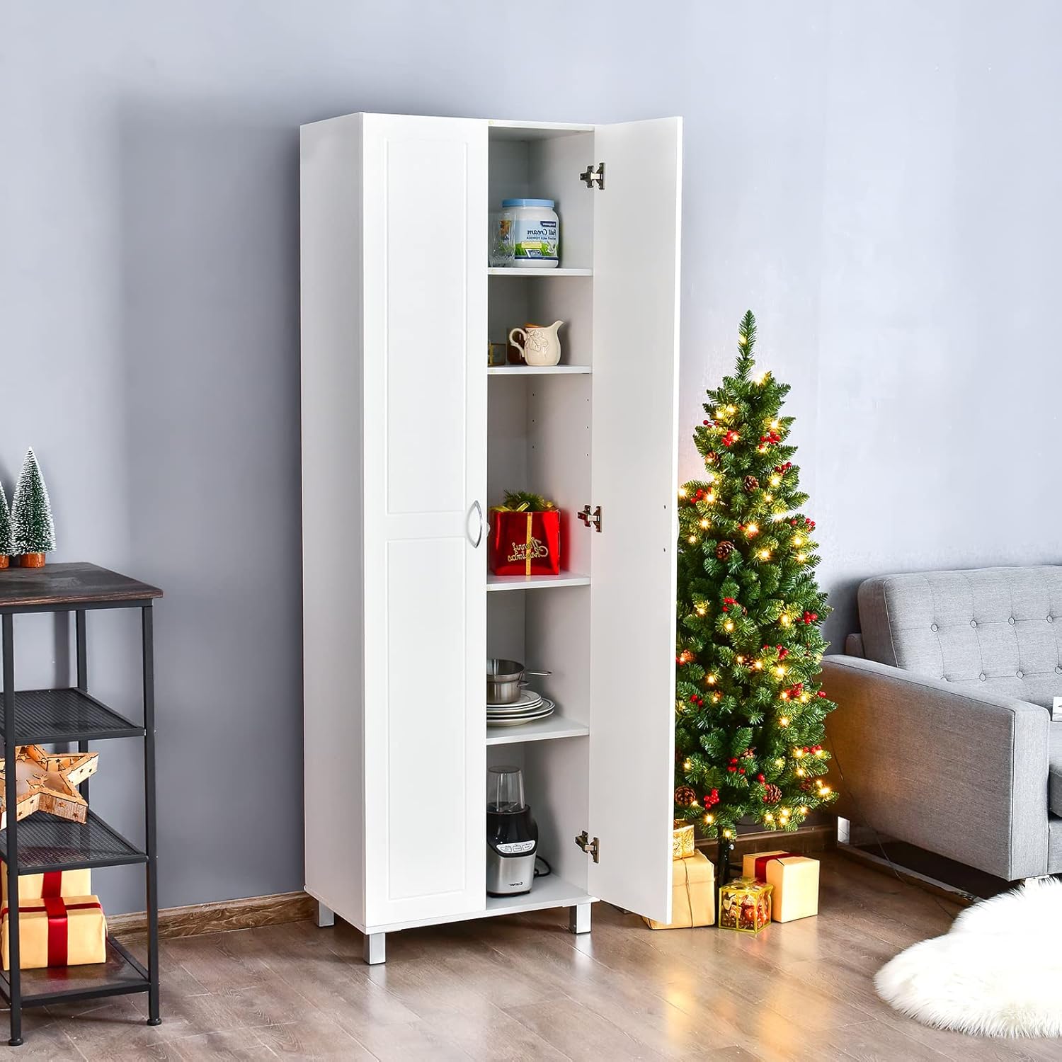 DORTALA 2-Door Tall Storage Cabinet, Morden Kitchen Pantry Cupboard Organizer w/ 5 Shelves, Wood Utility Floor Storage Cabinet