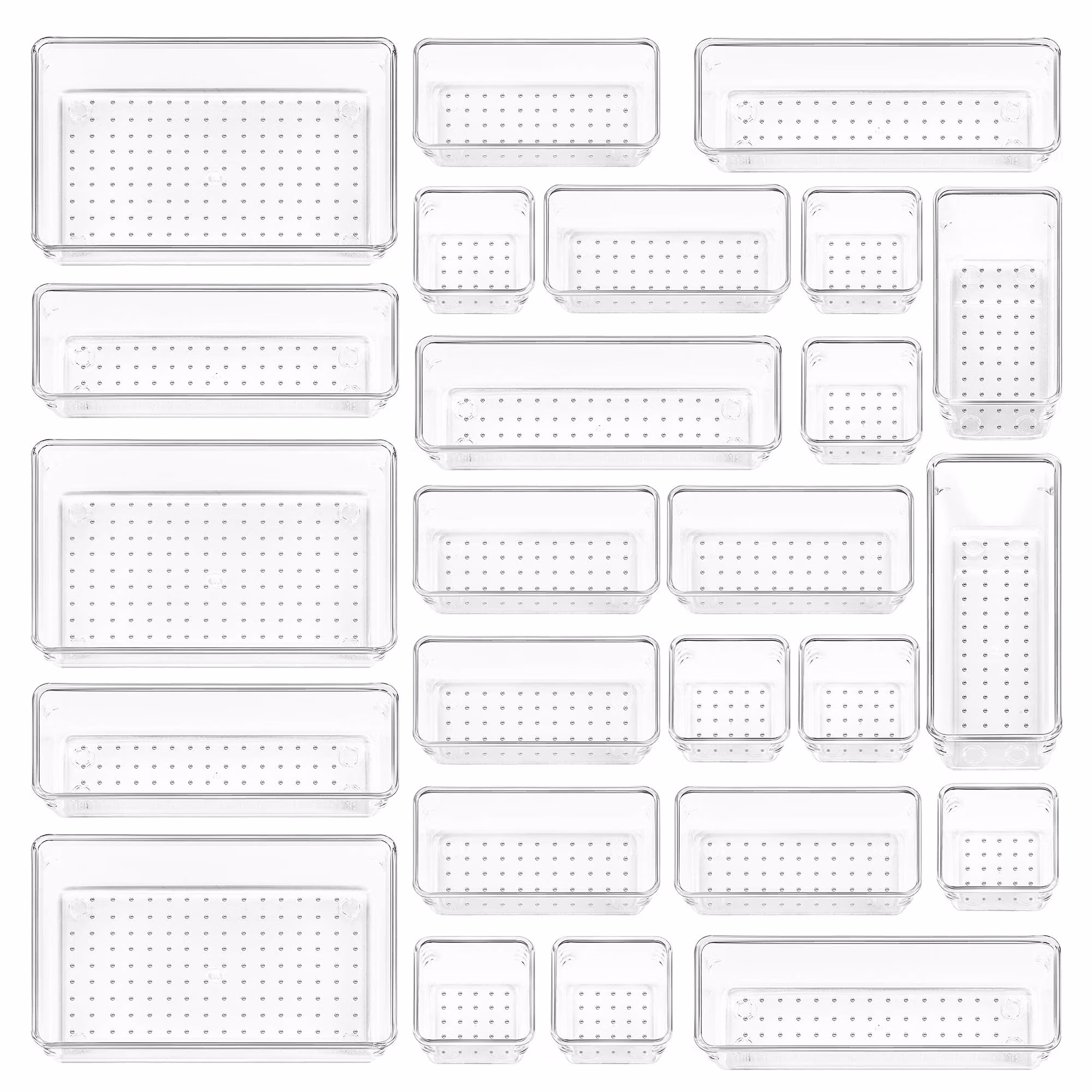 Clear Plastic Drawer Dividers Set of 25, 4-Size Versatile Organizer Trays for Bathroom Vanity Makeup Tools Office Supplies Kitchen Gadgets