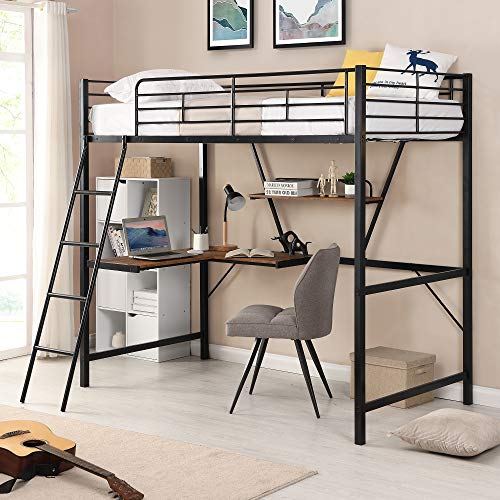 Harper & Bright Designs Full Loft Bed with Desk, Metal Loft Beds with Storage Shelves, Desk, and Wardrobe, Heavy-Duty Loft Bed Frame for Kids, Teens