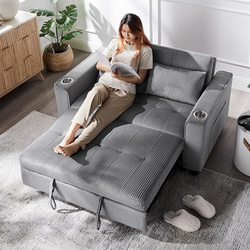 OKD 3 in 1 Convertible Sleeper Sofa Bed, Corduroy Pull Out Futon Couch with Charging Station & Cup Holder