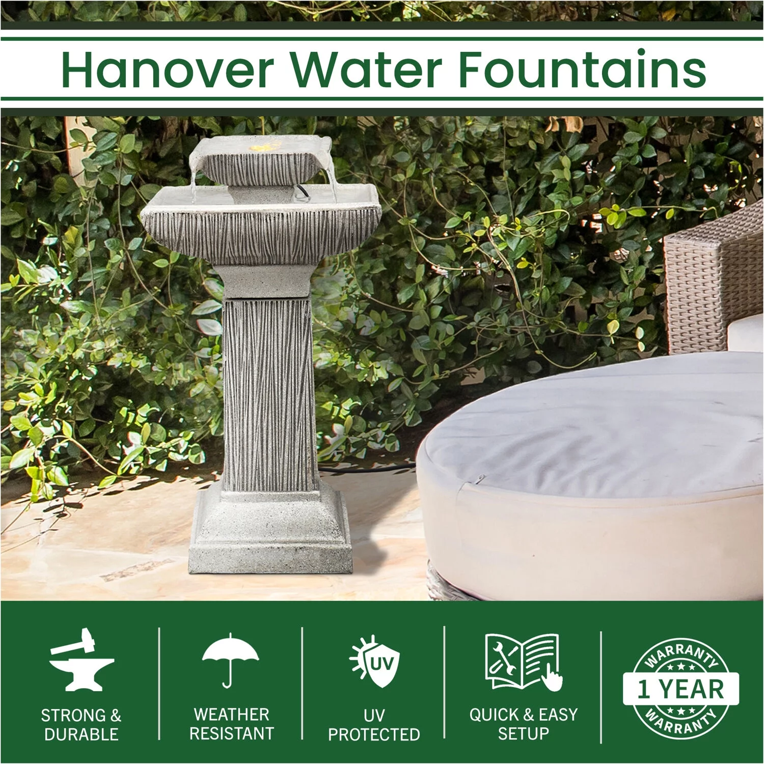 Hanover 26-In. 2-Tier Pedestal Indoor or Outdoor Garden Fountain with LED Lights for Patio, Deck, Porch, HAN026FNTN-01