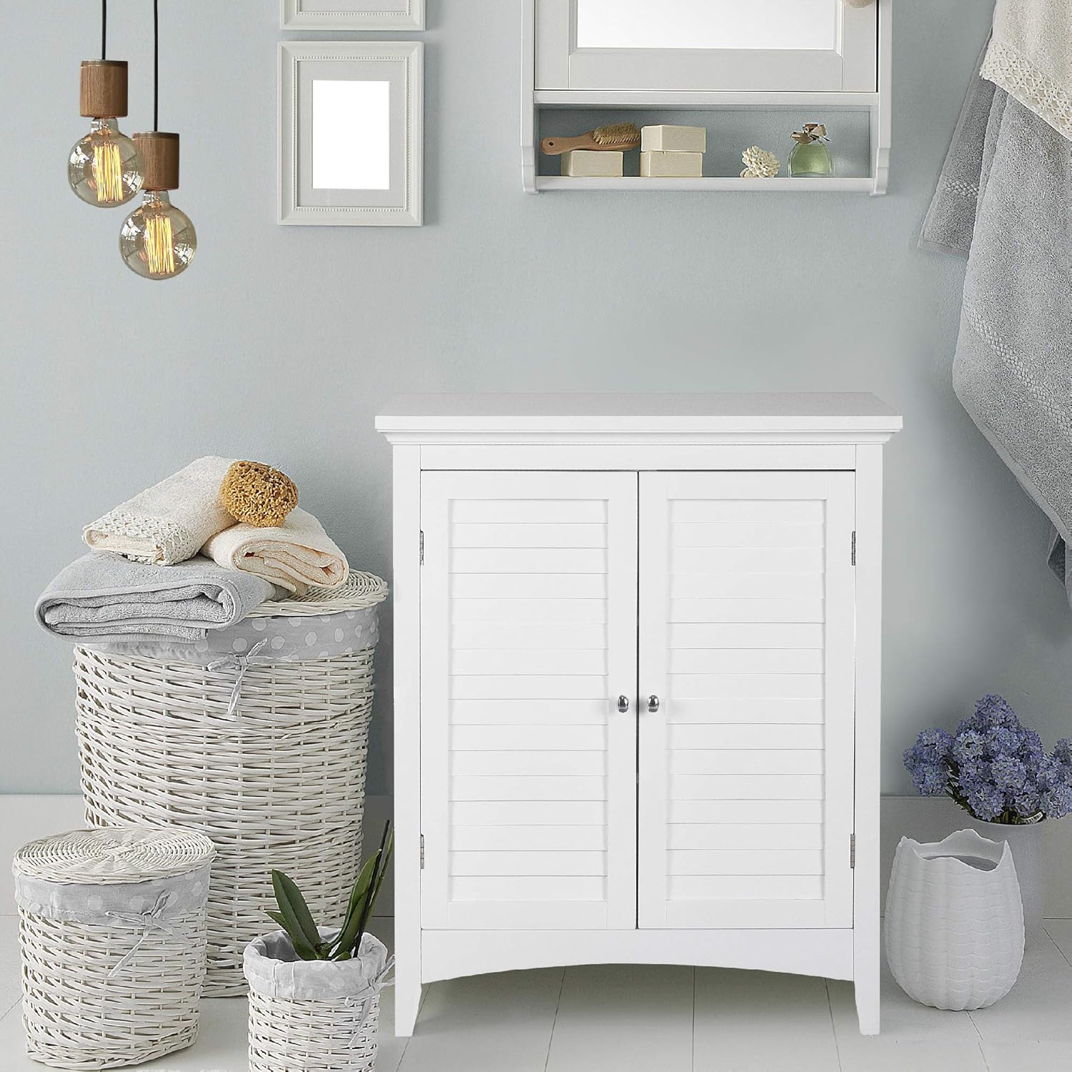 Elegant Home Fashions Glancy Freestanding Floor Cabinet Bathroom Kitchen Living Room Home Storage with 2 Shutter Doors 2 Adjustable Inner Shelves