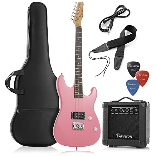 Davison Guitars Full Size Electric Guitar with 10-Watt Amp, Black - Right Handed Beginner Kit with Gig Bag and Accessories