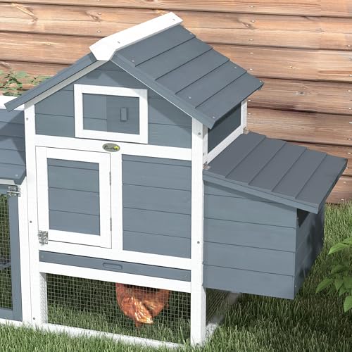 PawHut 59" Small Wooden Chicken coop Hen House Poultry Cage for Outdoor Backyard with 2 Doors, Nesting Box and Removable Tray, Gray