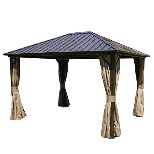 Kozyard 10'x12' Hardtop Gazebo Permanent Metal Pavilion with with 2-Layer Sidewalls Curtains for Patio, Backyard