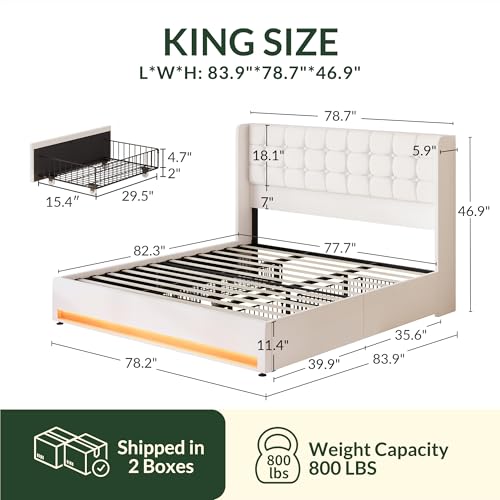 Queen Size LED Bed Frame with 4 Storage Drawers and Tufted Headboard Velvet Upholstered Platform Bed Frame Wingback Beds with Heavy Duty Wood Slats
