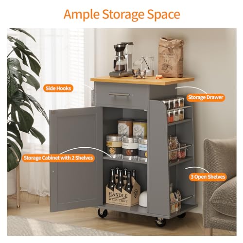 Shintenchi Rolling Kitchen Island Cart with Folding Drop Leaf Breakfast Bar, Portable Trolley Island with Large Storage Cabinet, Shelf and Drawer