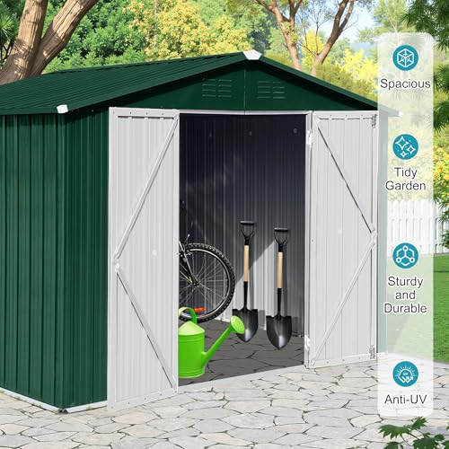 8x6 FT Outdoor Storage Shed, Metal Tool Shed with Lockable Doors, Peaked Roof & Frame Floor