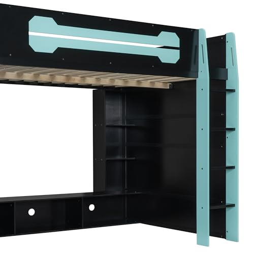 Modern Full Size Gaming Loft Bed with Built-in Desk and Storage Wardrobe, Wood Loft Bed Frame with Light Strip and 2 Drawers