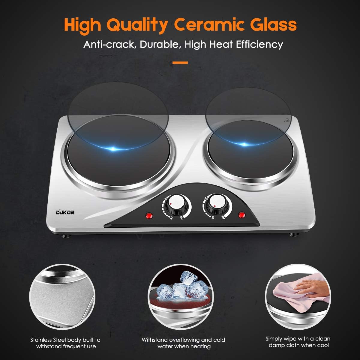 CUKOR Electric Hot Plate, 1800W Portable Electric Stove,Infrared Double Burner,Heat-up In Seconds