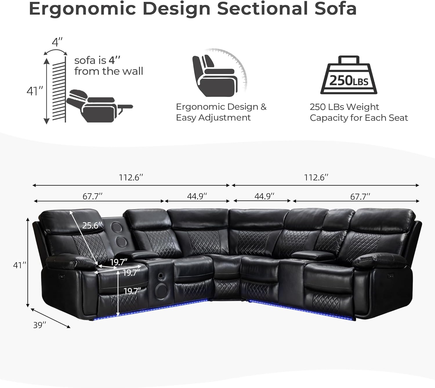 Power Reclining Sectional with Bass Speaker LED Light Recliner Faux Leather Reclining Sectional Couch Sofa Electric L-Shape Sectional Recliner USB
