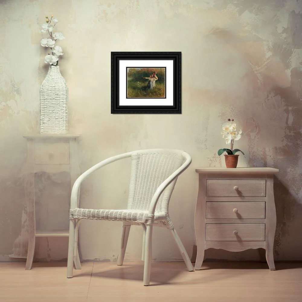 Géza Peske 18x15 Black Ornate Wood Framed Double Matted Museum Art Print Titled - Two Boys with Stone Slingshot on the Summer Meadow