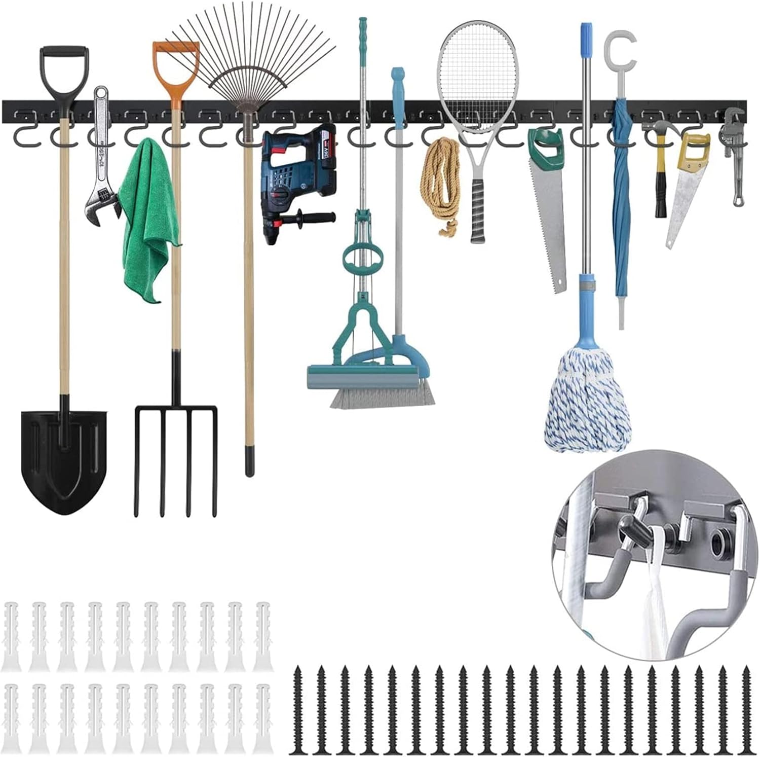 TORACK 64 Inch Garage Hooks Tool Organizer, Adjustable Wall Mounted Garage Hanger Storage System (16 Hooks & 16 Pegs) Pack of 2