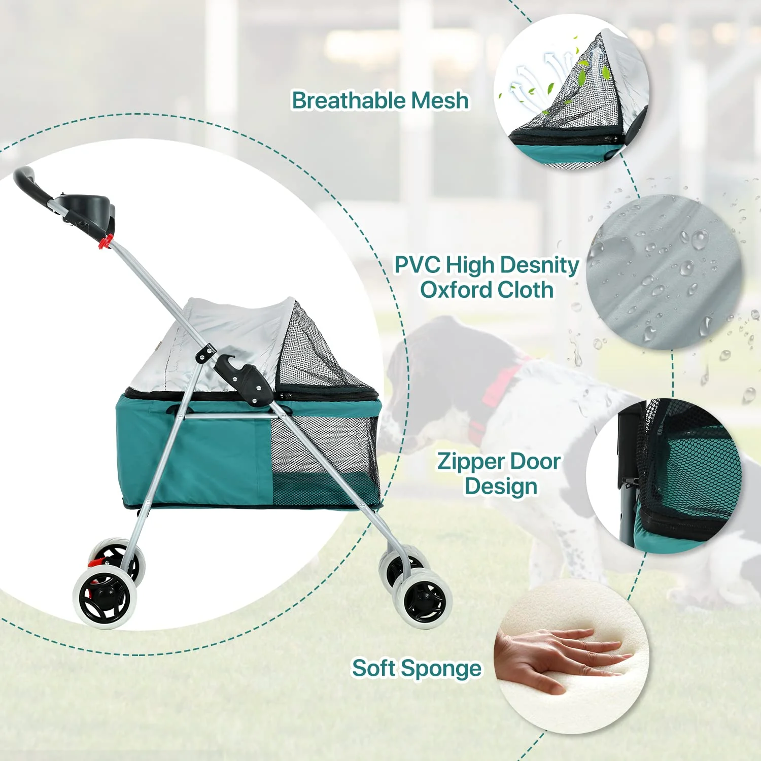 NiamVelo Small and Medium Doggie Carriage Cart, Folding 4-Wheel Dog Stroller with Cup Holders, Portable, Teal