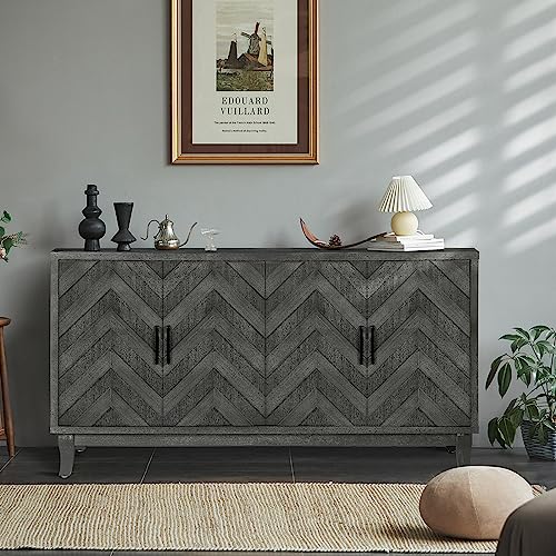 Vintage Sideboard Cabinet, Buffet Cabinet with 4 Doors, Accent Storage Cabinet with Adjustable Shelves