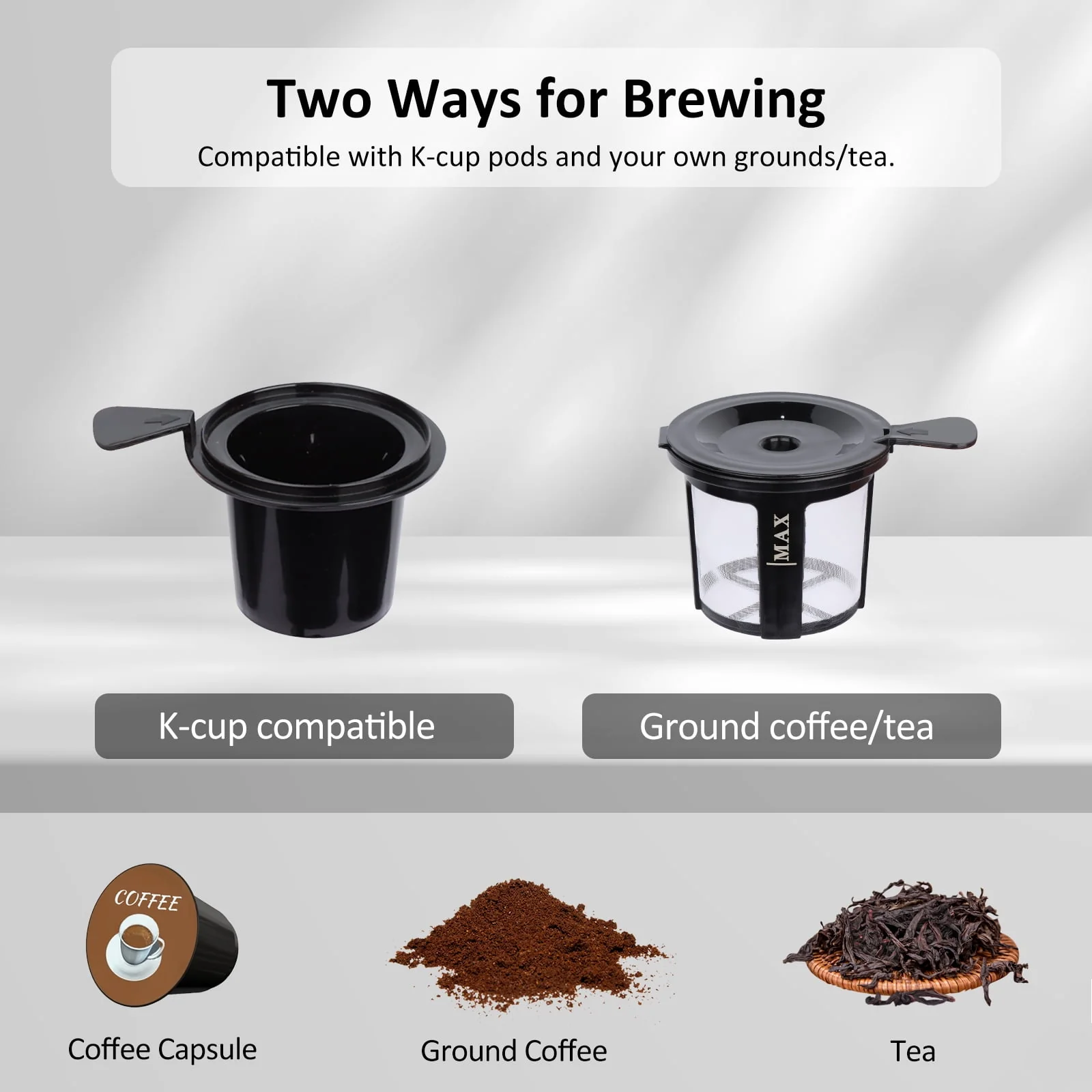 Slim Single Serve Coffee Maker 2 in 1 for K Cup Pod & Ground Coffee, Mini K Cup Coffee Machine 14 Oz