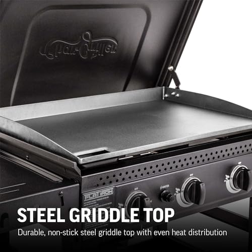 Char-Griller® Flat Iron 2-Burner Propane Gas Flat-Top Griddle with Steel Griddle Top, Wind Guards and Removable Lid