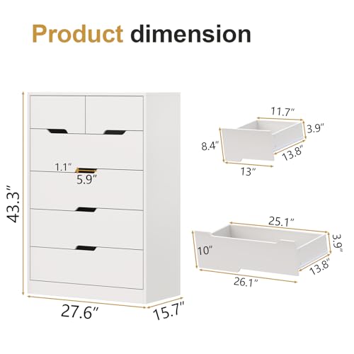 6 Drawer Dresser for Bedroom, Tall White Dresser with Large Organizer, Modern Chest of Drawers, Wooden Dresser with Deep Storage Drawer