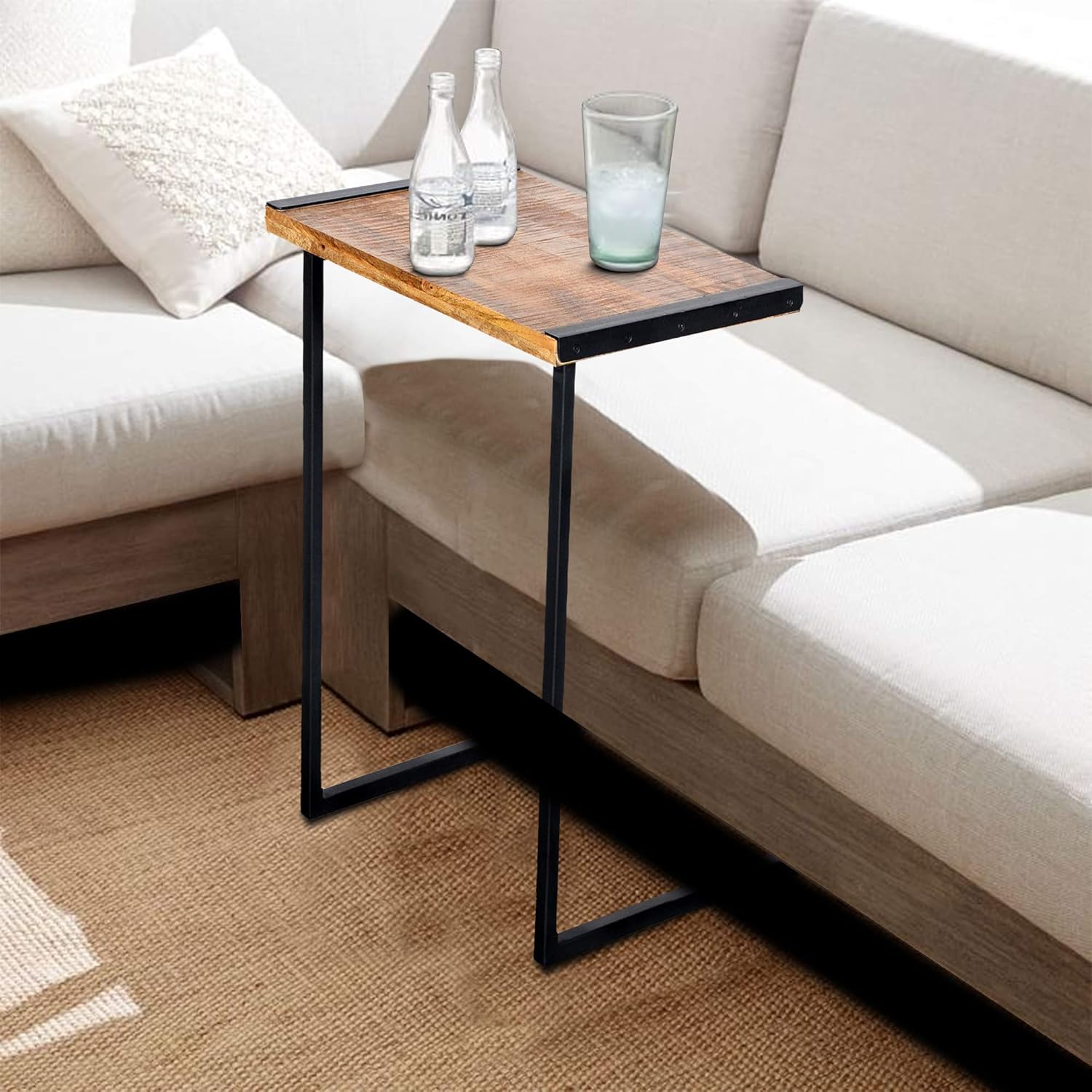The Urban Port C Shape Mango Wood Sofa Side End Table with Metal Cantilever Base, Brown and Black