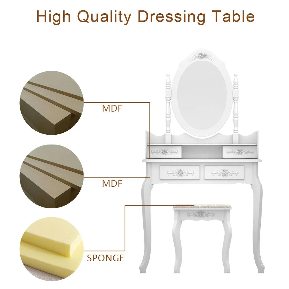 SamyoHome Vanity Table Set, Makeup Dressing Table with Mirror, Vanity Desk with Cushioned Stool 4 Drawers, White