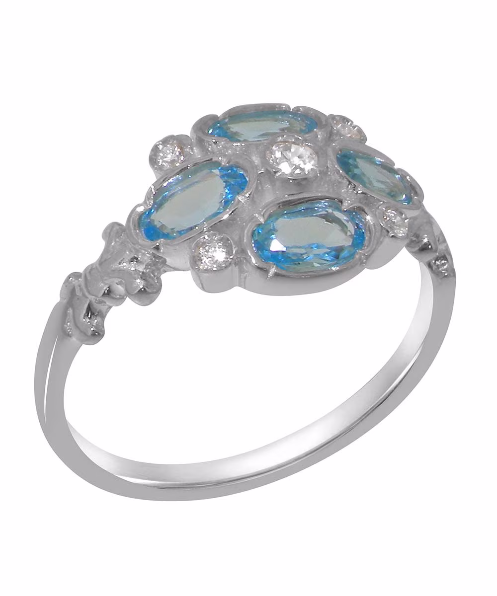 LBG British Made Real 18k White Gold Synthetic Cubic Zirconia & Natural Blue Topaz Womens Engagement Ring - 33 size options - Size 6.25