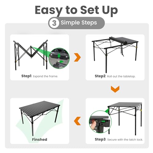 Portable Outdoor Camping Table Large for 2-6 Person - Foldable Camp Table with Aluminum Roll-Up Top & Carry Bag for BBQ, Tailgating, Backyard