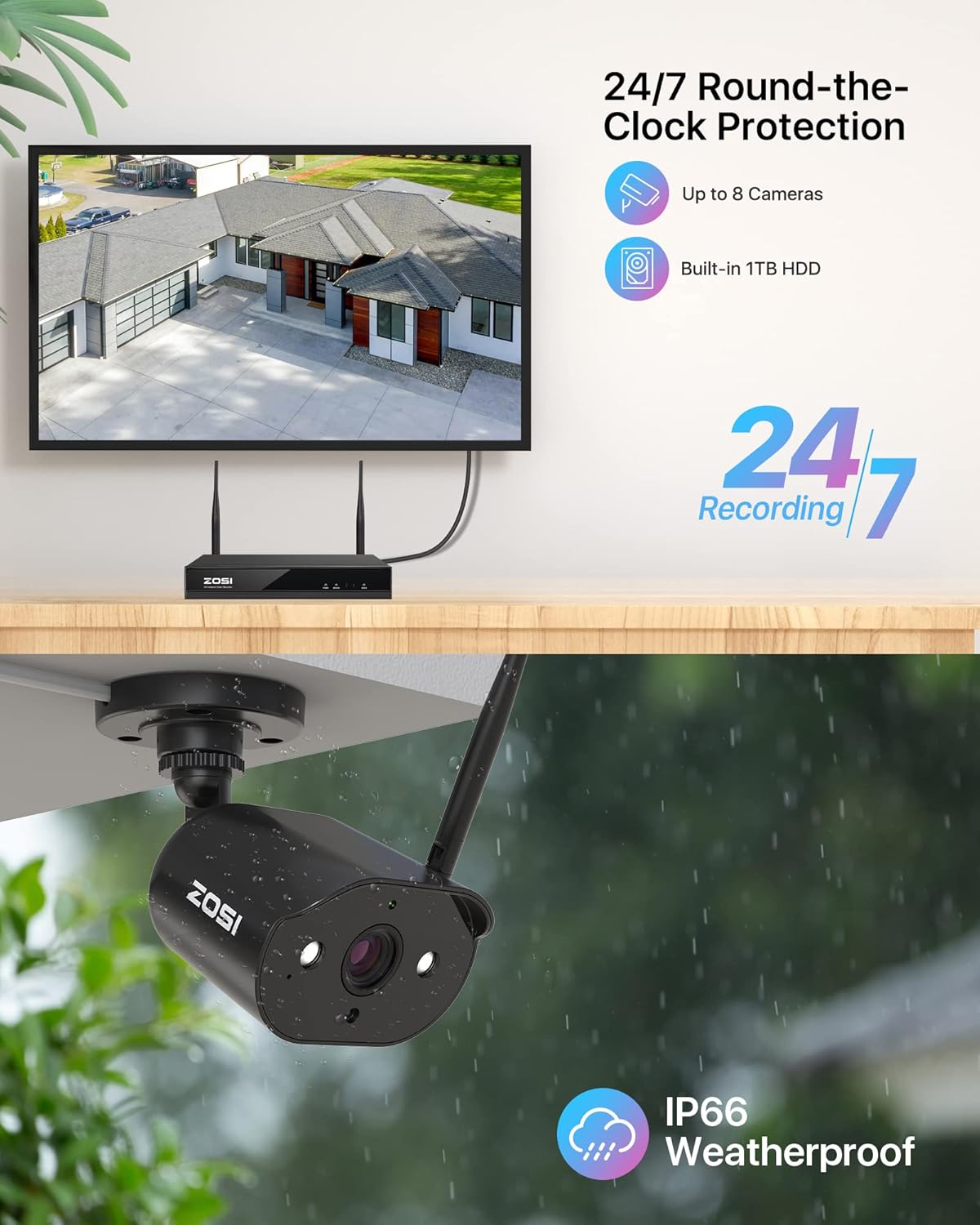ZOSI 8 Channel 2K Wireless Security Camera System Outdoor Indoor, 4 X 3MP WiFi IP Camera with Color Night Vision, Plug-in, Spotlight, 2-Way Talk