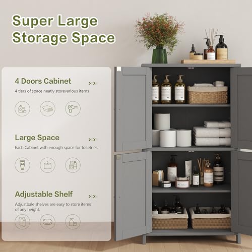 Nuturelly Freestanding Pantry Cabinets, Kitchen Floor Storage Cabinet with 4 Doors & 3 Adjustable Heights