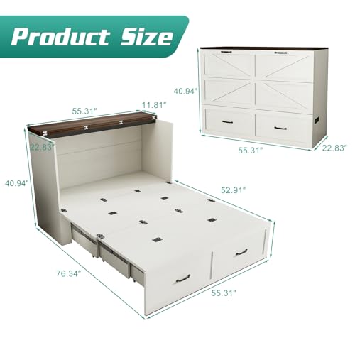 Full Size Murphy Chest Bed with Drawer and Charging Station, Farmhouse Wood Space-Saving Hidden Folding Bed Chest