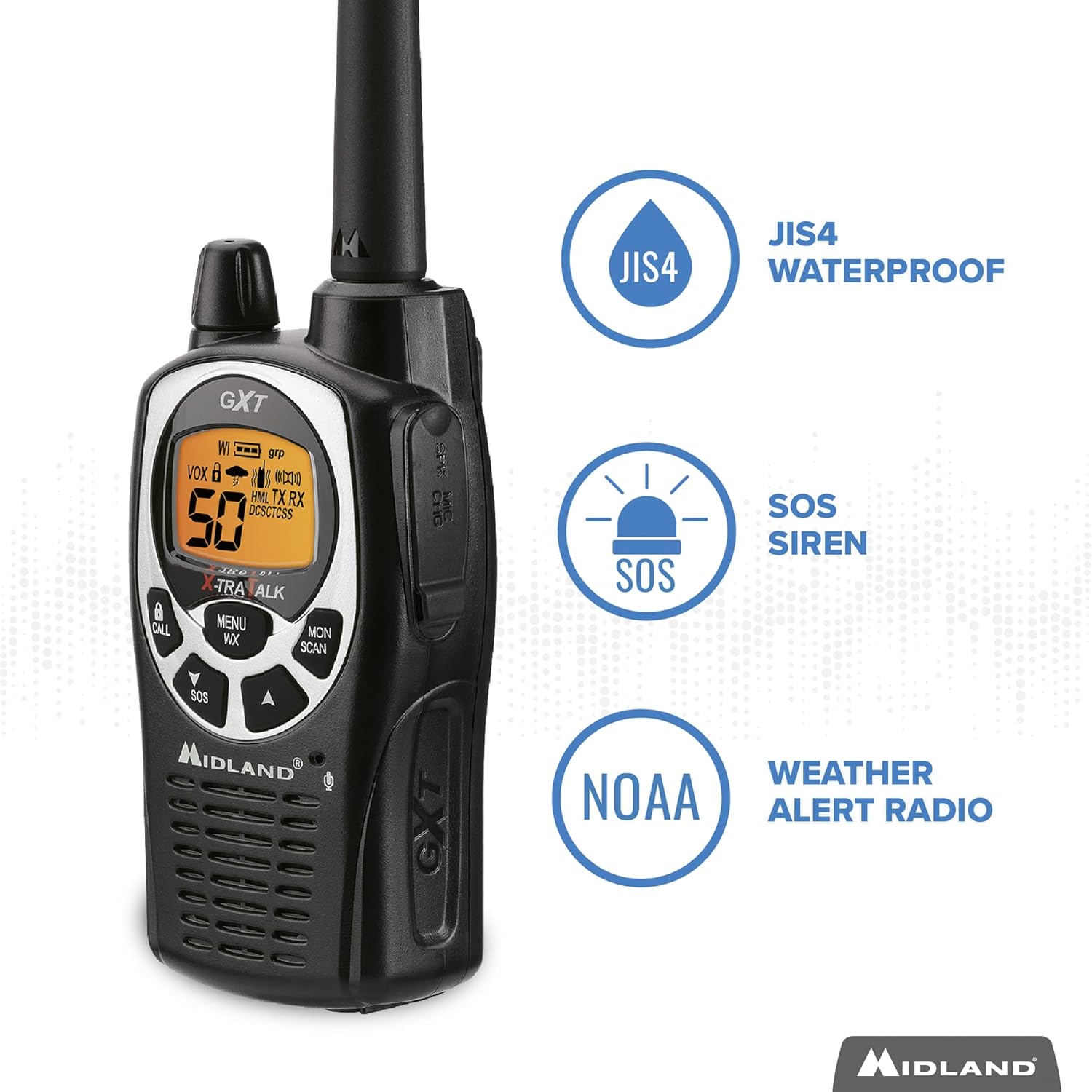 Midland 50 Channel Waterproof GMRS Two-Way Radio - Long Range Walkie Talkie with 142 Privacy Codes, SOS Siren