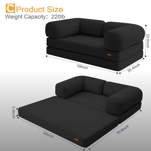 COMAX Folding Sofa Bed, Convertible Chair Bed Corduroy 3-in-1 Foldable Floor Couch with High-Density Foam, Futon Sofa Sleeper Mattress