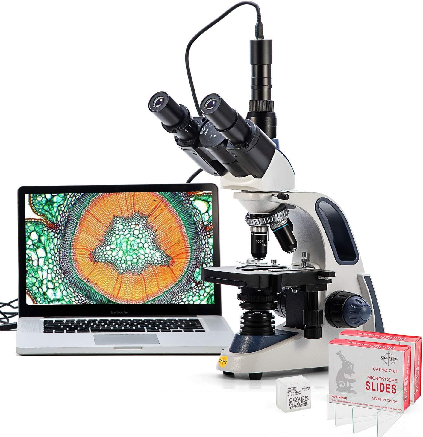Swift Compound Trinocular Microscope SW380T,40X-2500X Magnification,Siedentopf Head,Two-Layer Mechanical Stage