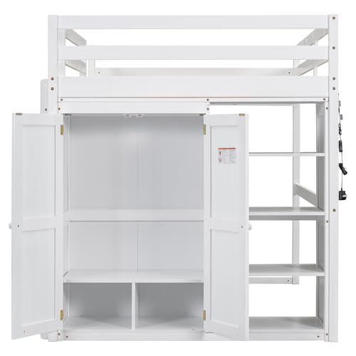 Harper & Bright Designs Full Size Loft Bed with Desk, Storage Shelves and Drawers, Solid Wood Loft Bed Frame with Built-in Wardrobe, Walnut